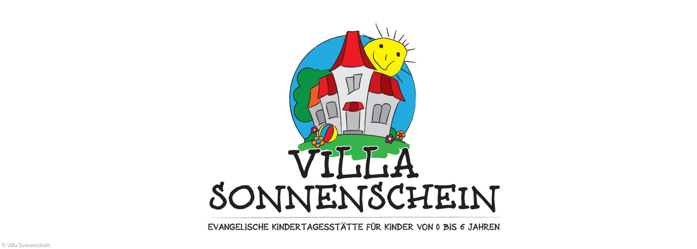 Logo: Villa Sonnenschein als von einem Kind gemaltes Bild mit Sonne im Hintergrund