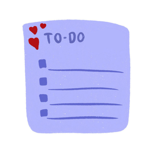 Grafik: lila To-Do-Liste mit roten Herzen