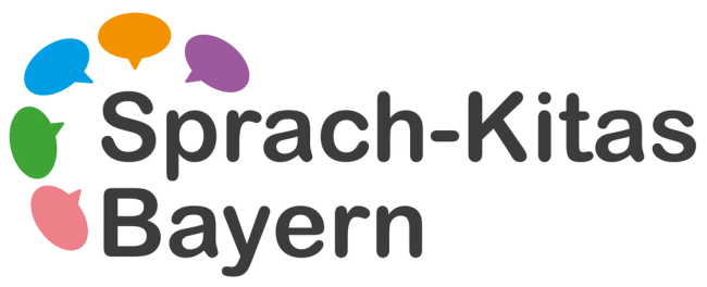 Logo: Schriftzug "Sprach-Kitas Bayern" mit bunten Sprechblasen um den Schriftzug